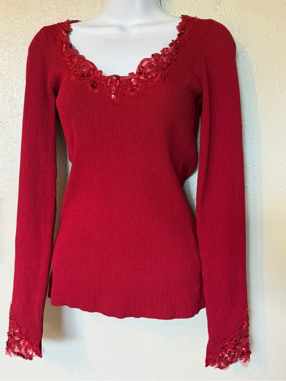 VTG 2000’s Cache Sequined Sweater Gorgeous Red Dressy Bling Ribbed Knit Top